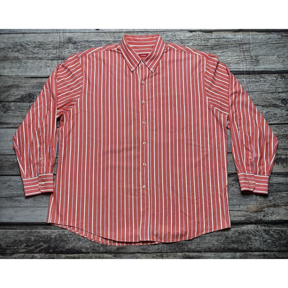 IZOD Vertical Striped Long Sleeve Button Down Shirt Coral Men's Size XL